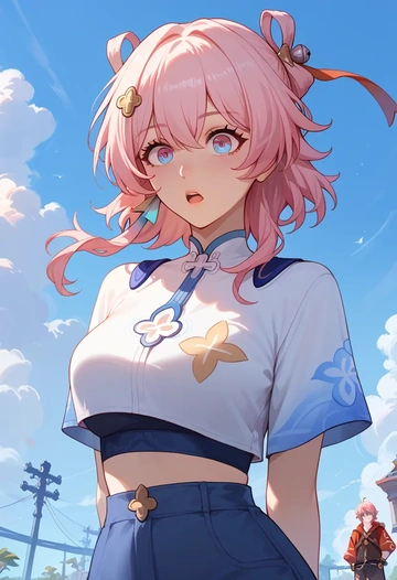 star rail,march 7th,crop top,athletic shorts  - AI generated anime art